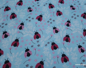 Flannel Fabric - Ladybugs and Flowers Light Blue - By the Yard - 100% Cotton Flannel