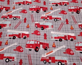 Remnant Flannel Fabric - Fire Trucks on Plaid - Choose your Size - 100% Cotton Flannel