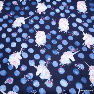 Flannel Fabric Unicorn Heads Navy By the yard 100% Cotton Flannel image 1