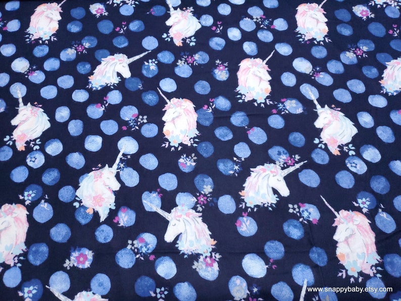 Flannel Fabric Unicorn Heads Navy By the yard 100% Cotton Flannel image 1