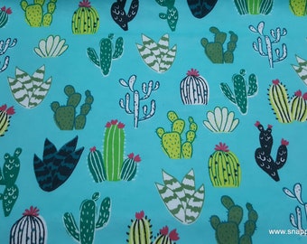 Flannel Fabric - Colorful Cacti on Aqua - By the yard - 100% Cotton Flannel