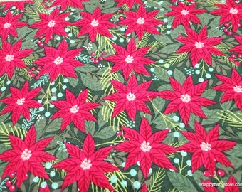 Christmas Flannel Fabric - Very Merry Poinsettia - By the yard - 100% Cotton Flannel