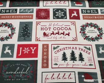 Christmas Flannel Fabric - Seasons Greetings Square Christmas Words- By the yard - 100% Cotton Flannel