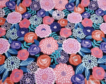 Flannel Fabric - Modern Floral Navy Purple Pink - By the yard - 100% Cotton Flannel