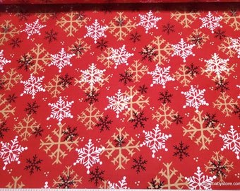 Christmas Premium Flannel Fabric - Gnomies Gold White Black Snowflakes on Red Premium - By the yard - 100% Premium Cotton Flannel