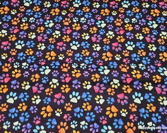 Flannel Fabric - Rainbow Paws Black - By the yard - 100% Cotton Flannel