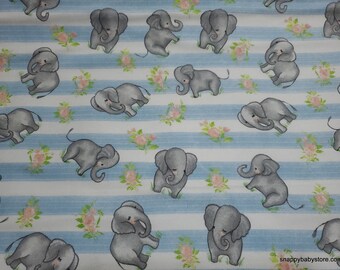 Flannel Fabric - Sweet Elephants on Stripes - By the yard - 100% Cotton Flannel