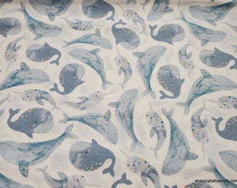 Flannel Fabric - Blue Whales and Narwhals - By the yard - 100% Cotton Flannel
