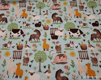 Flannel Fabric - Farm Animals on Blue - By the yard - 100% Cotton Flannel