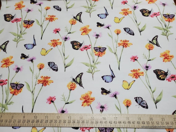 Fabric Butterflies Flowers on White Designer Flannel by the 1/4 yard 