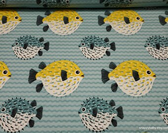 Flannel Fabric - Puffer Fish on Blue - By the yard - 100% Cotton Flannel