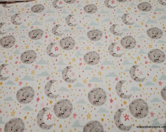 Flannel Fabric - Baby Girl Moon and Stars White - By the yard - 100% Cotton Flannel