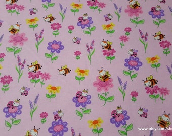 Flannel Fabric - Flowers and Buzzing Bees on Pink - By the yard - 100% Cotton Flannel