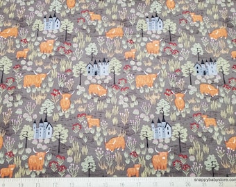 Premium Flannel Fabric - Highland Cows and Castles Mocha Premium - By the yard - 100% Cotton Flannel