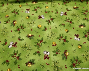 Christmas Premium Flannel Fabric - Christmas Joys Mistletoe and Bells on Green Premium  - By the yard - 100% Cotton Flannel