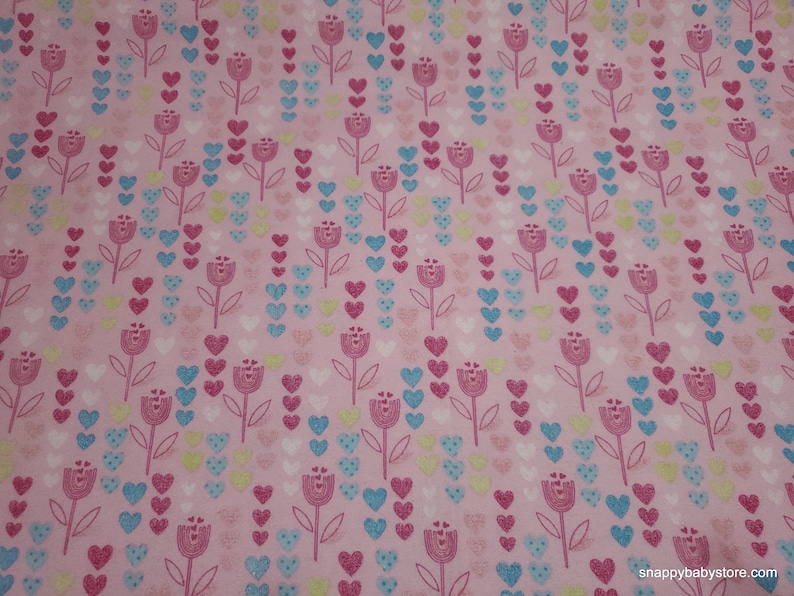 Flannel Fabric Flowers and Hearts Pink By the yard 100% Cotton Flannel image 1