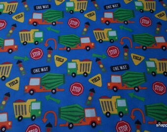 Flannel Fabric - Construction Trucks on Blue - By the yard - 100% Cotton Flannel