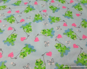 Flannel Fabric - Frogs and Hearts on Light Blue - By the yard - 100% Cotton Flannel