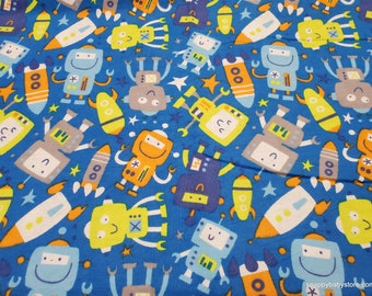 Flannel Fabric - Robots in Space - By the yard - 100% Cotton Flannel