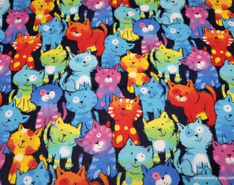 Flannel Fabric - Rainbow Cats - By the yard - 100% Cotton Flannel