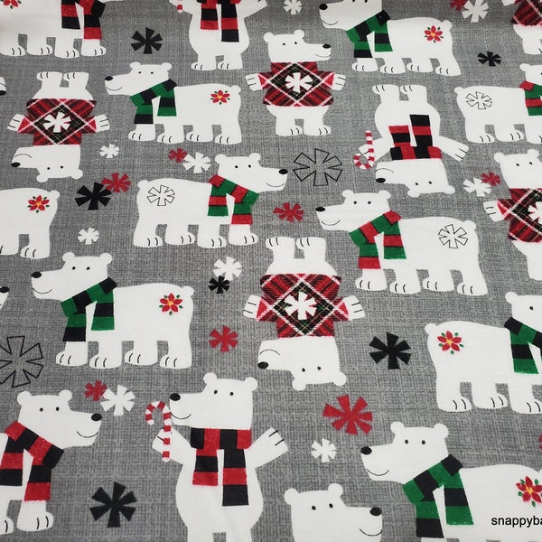 Christmas Flannel Fabric - Polar Bears in Sweaters - By the yard - 100% Cotton Flannel