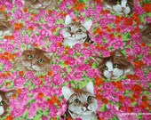 Flannel Fabric - Cats on Floral - By the yard - 100% Cotton Flannel