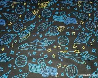 Flannel Fabric - Rocketships in Space on Black - By the yard - 100% Cotton Flannel
