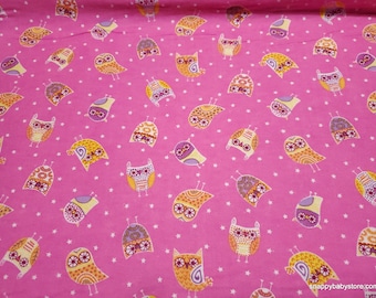 Flannel Fabric - Owls on Pink - By the Yard - 100% Cotton Flannel
