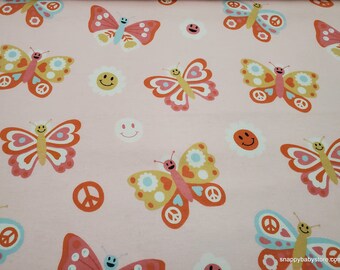 Flannel Fabric - Smile Peace Butterflies Pink - By the yard - 100% Cotton Flannel