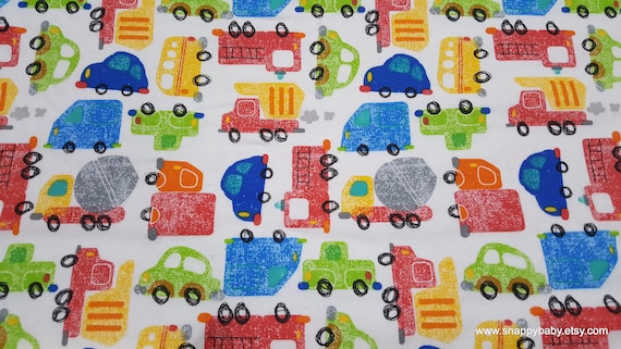 Flannel Fabric - Cars and Trucks Colored - By the yard - 100% Cotton Flannel