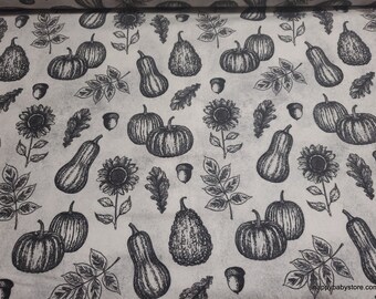 Flannel Fabric - Black White Harvest Pumpkin - By the yard - 100% Cotton Flannel