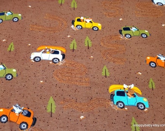 Flannel Fabric - Animals in Camping Cars Brown - By the yard - 100% Cotton Flannel