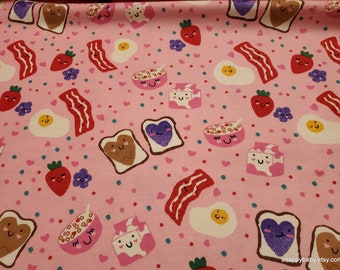 Flannel Fabric - Breakfast Foods Pink - By the yard - 100% Cotton Flannel