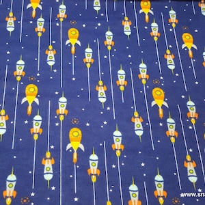 Flannel Fabric Outerspace Navy Rocket Ships By the yard 100% Cotton Flannel image 1