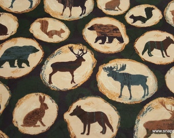 Flannel Fabric - Animals on Wooden Logs - By the yard - 100% Cotton Flannel