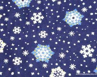 Christmas Flannel Fabric - Blue and White with Yellow Snowflakes on Blue - By the yard - 100% Cotton Flannel