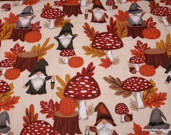 Remnant Flannel Fabric - Gnomes and Mushrooms on Cream - Choose your Size - 100% Cotton Flannel