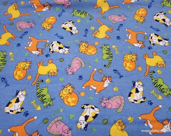 Flannel Fabric - Tossed Cats on Blue - By the yard - 100% Cotton Flannel