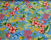 Flannel Fabric - Hawaiian Floral Blue - By the Yard - 100% Cotton Flannel