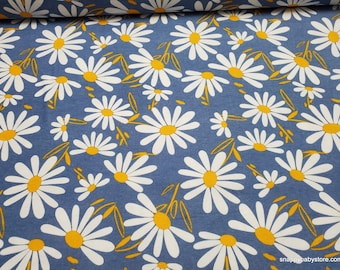 Flannel Fabric - Daisies on Blue - By the yard - 100% Cotton Flannel