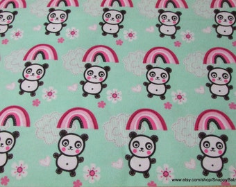 Flannel Fabric - Pandas and Rainbows - By the yard - 100% Cotton Flannel