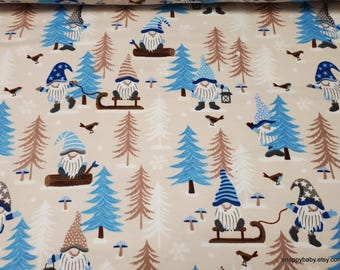 Christmas Flannel Fabric - Winter Gnomes on Cream - By the yard - 100% Cotton Flannel