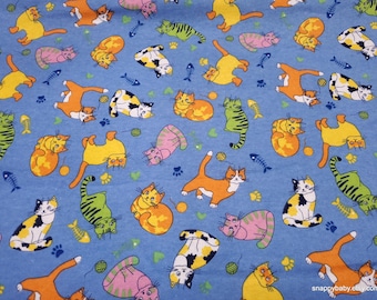 Remnant Flannel Fabric - Tossed Cats on Blue - Choose your Size - 100% Cotton Flannel