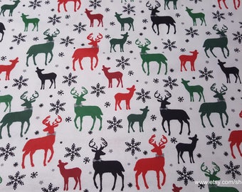 Christmas Flannel Fabric - Multi Deer with Bow Tie - By the yard - 100% Cotton Flannel