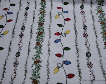 Christmas Premium Flannel Fabric - Christmas Joys Lights Garland Candy Stripe on White Premium  - By the yard - 100% Cotton Flannel
