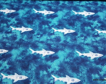 Flannel Fabric - Blue Watercolor Shark Luxe - By the yard - 70% Rayon 30 Cotton