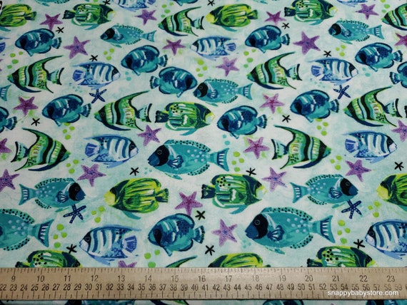 Flannel Fabric - Bright Ocean Fish - By the yard - 100% Cotton Flannel