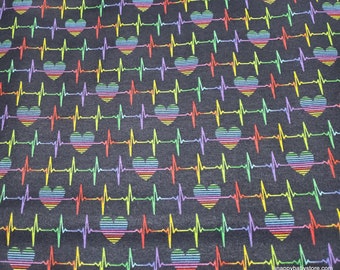 Flannel Fabric - Heart Beat Rainbow on Black - By the yard - 100% Cotton Flannel