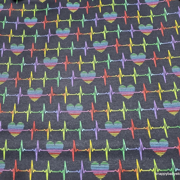 Flannel Fabric - Heart Beat Rainbow on Black - By the yard - 100% Cotton Flannel