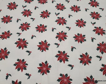 Christmas Flannel Fabric - Red and Green Poinsettia on White - By the yard - 100% Cotton Flannel